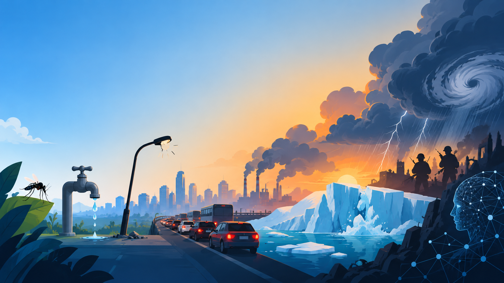 Illustration of a mosquito, leaking tap, traffic, pollution, melting ice, war, and AI across one landscape